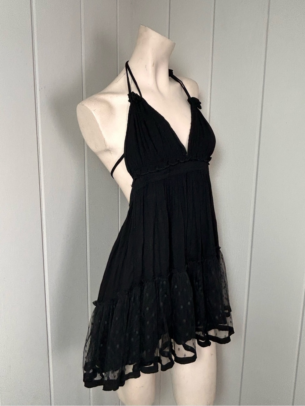 Black Open Back Babydoll Mini Dress / Cover Up Sheer Ruffle Boho Festival medium